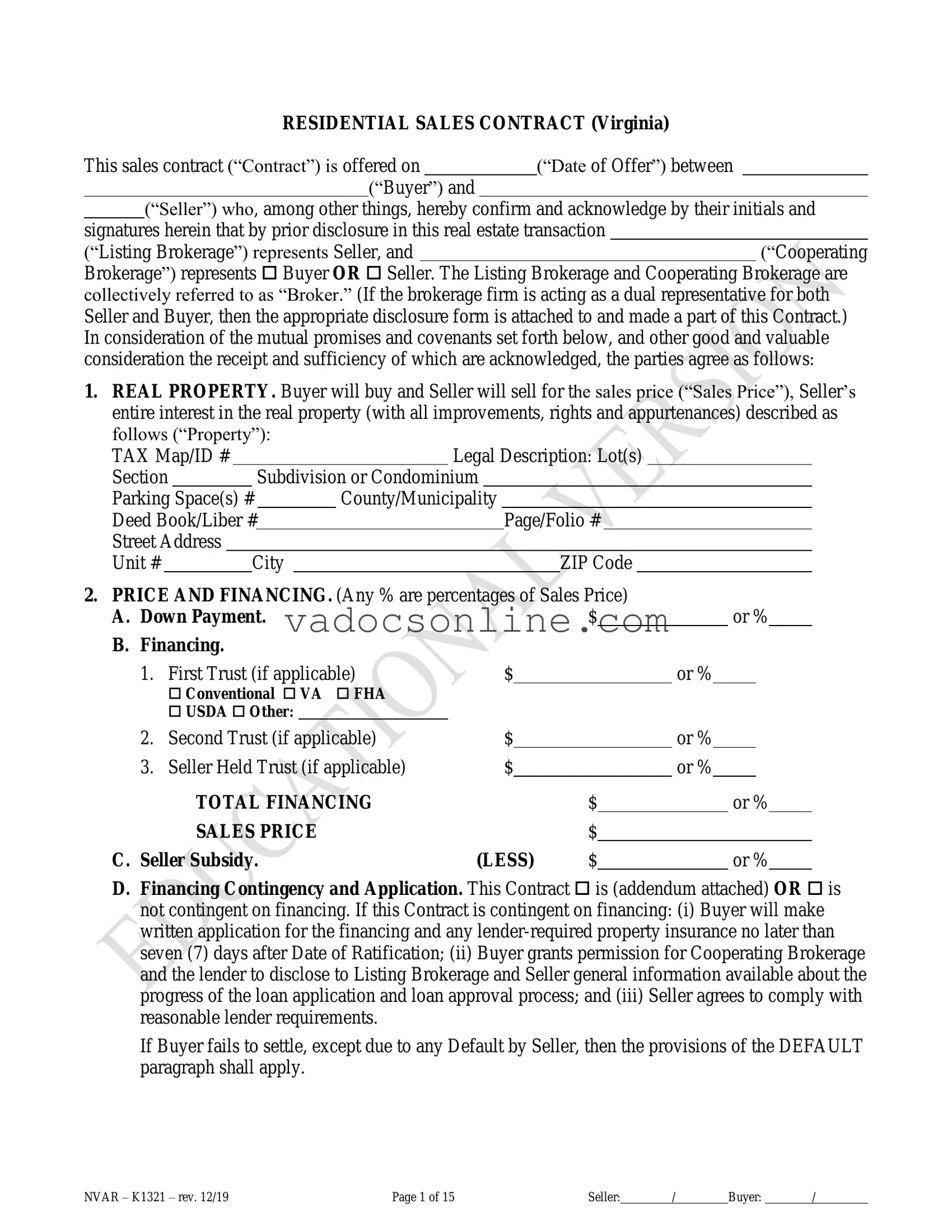 No Broker Residential Sales Virginia PDF Form