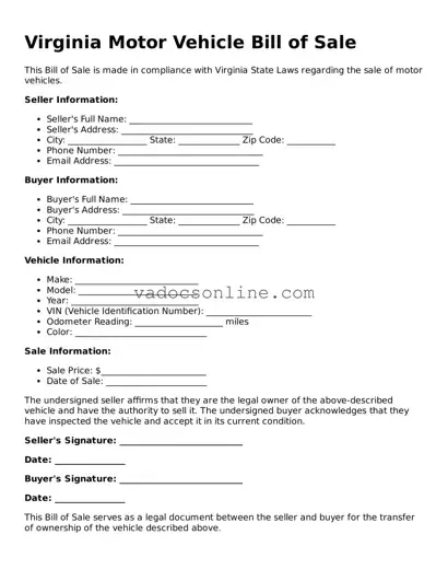 Attorney-Approved Motor Vehicle Bill of Sale Template for the State of Virginia