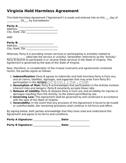 Attorney-Approved Hold Harmless Agreement Template for the State of Virginia