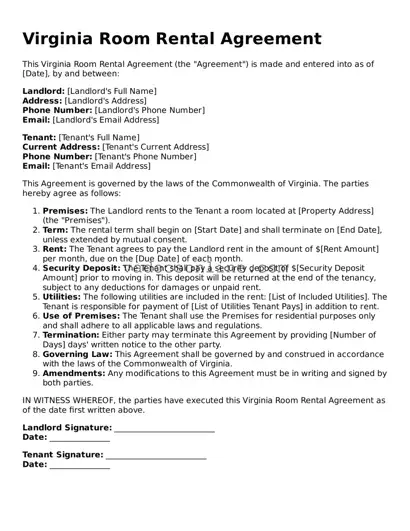 Attorney-Approved Room Rental Agreement Template for the State of Virginia