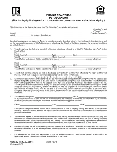 Virginia Realtors Pet Addendum PDF Form