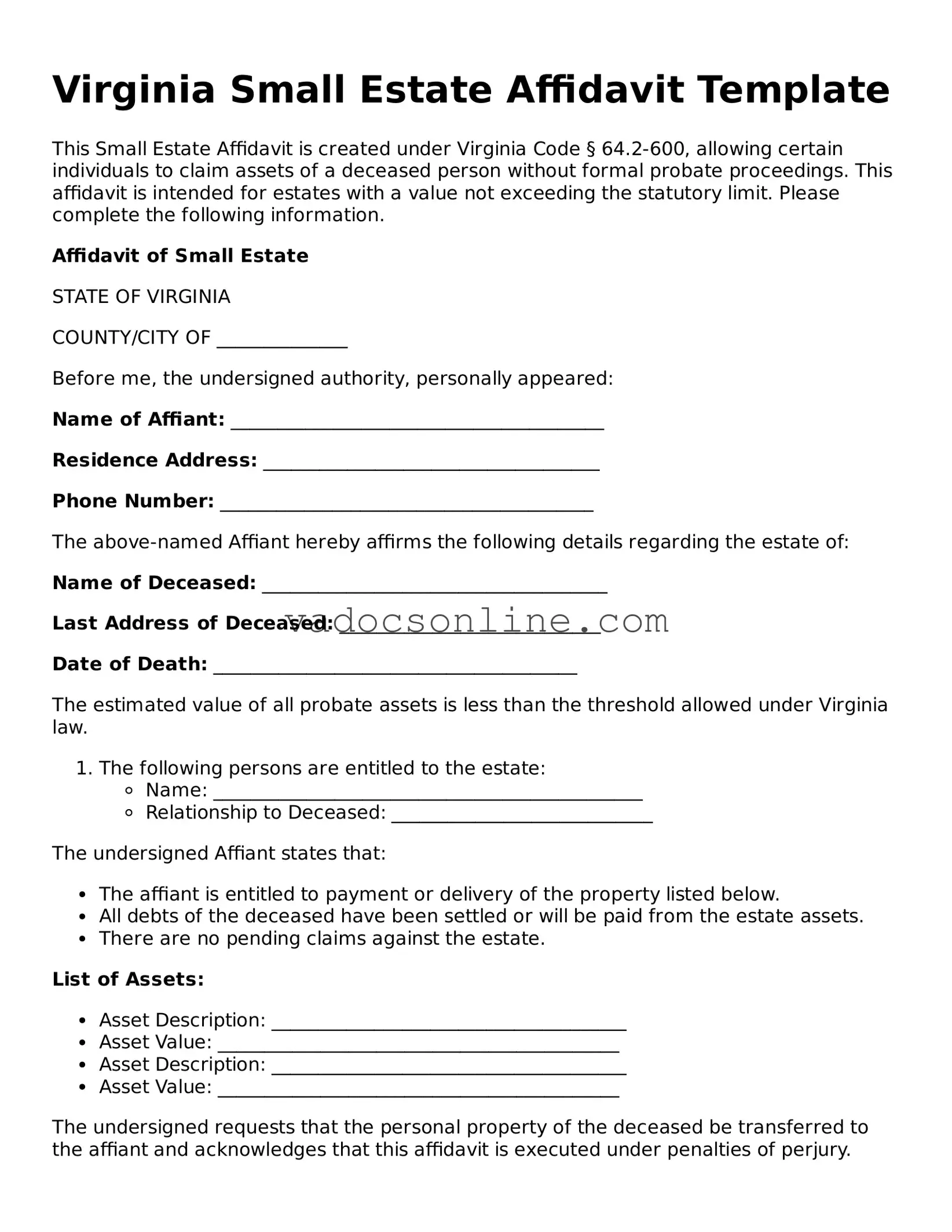 Attorney-Approved Small Estate Affidavit Template for the State of Virginia