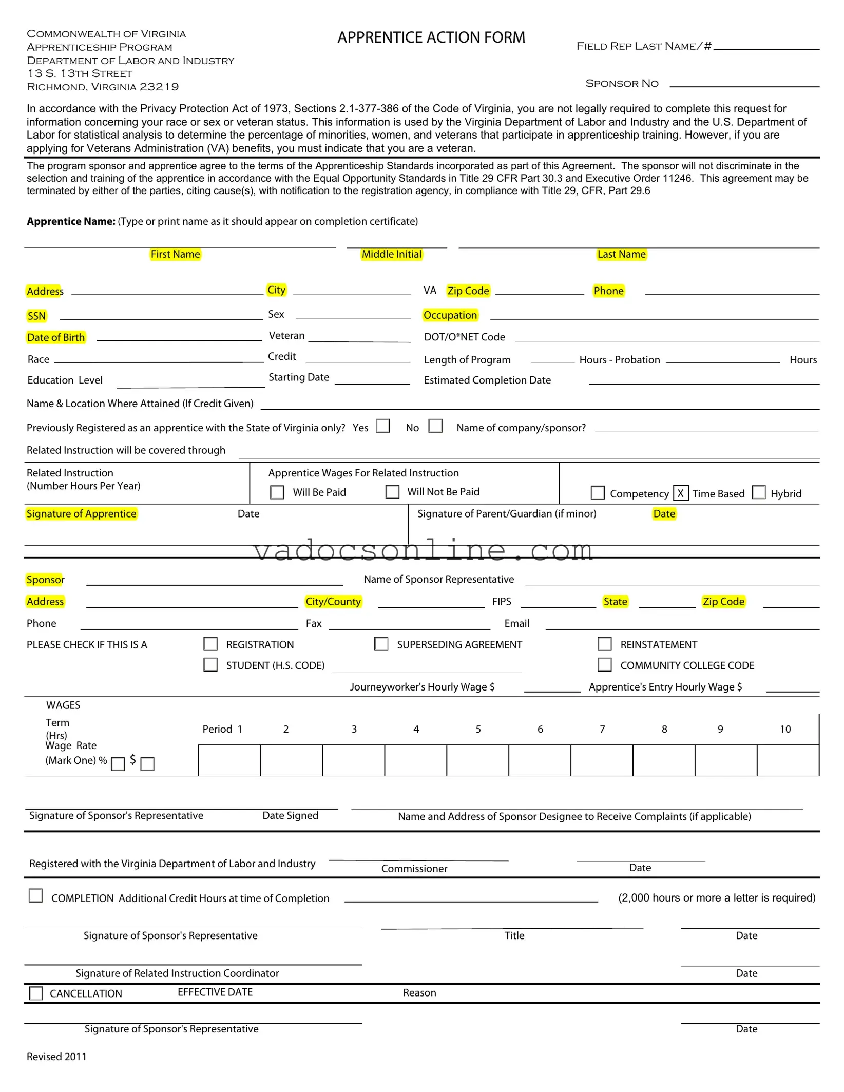 Virginia Apprentice Action PDF Form