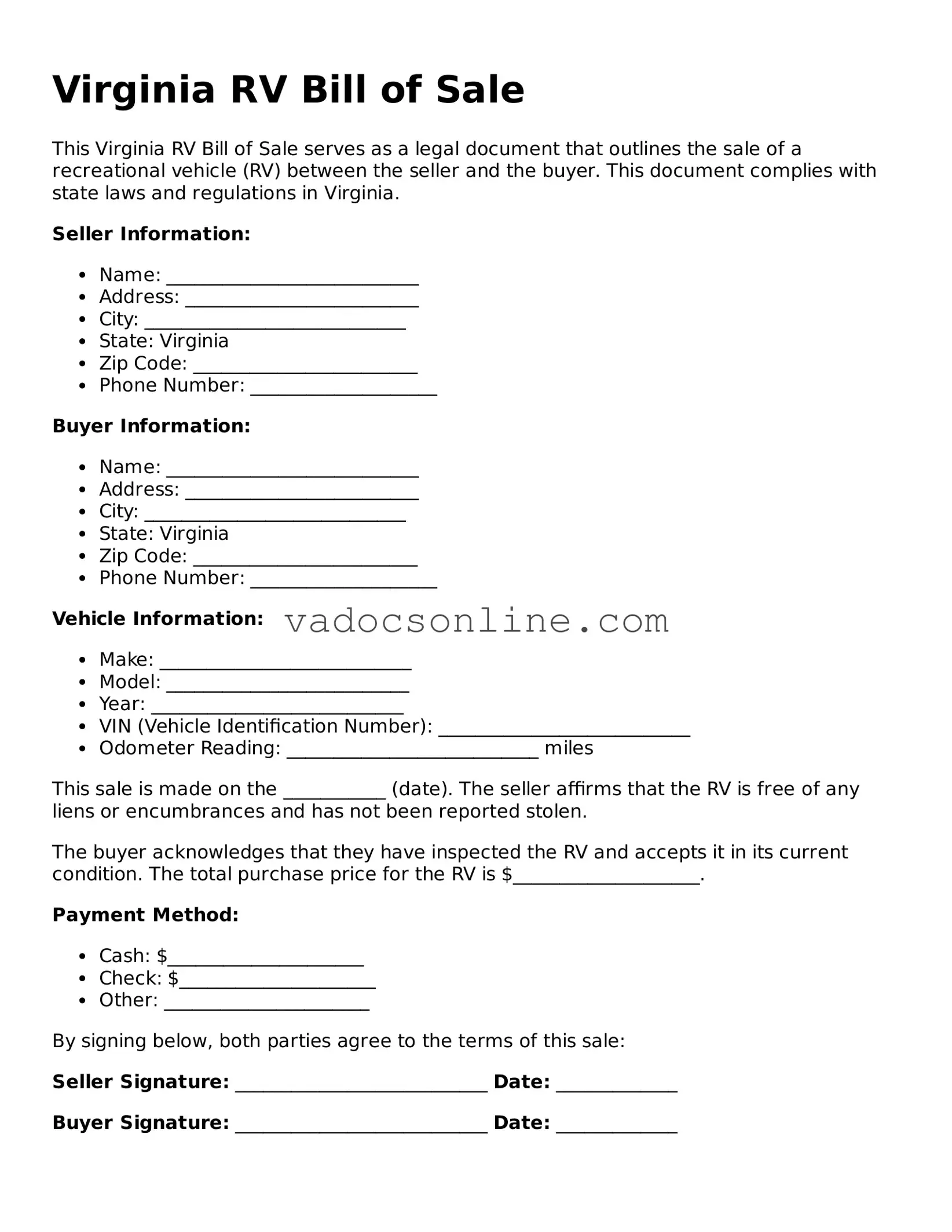 Attorney-Approved RV Bill of Sale Template for the State of Virginia