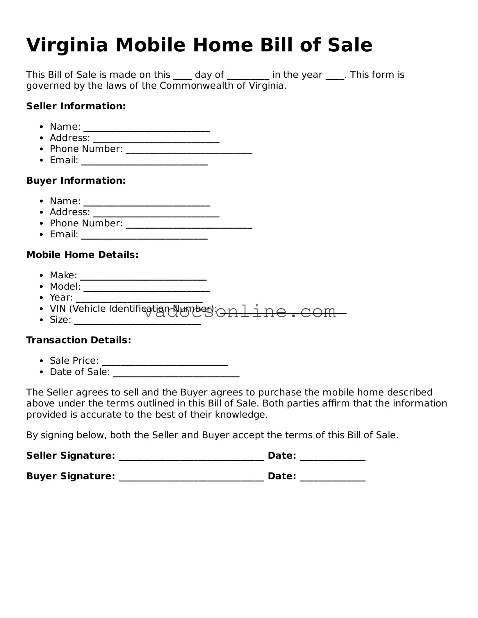 Attorney-Approved Mobile Home Bill of Sale Template for the State of Virginia
