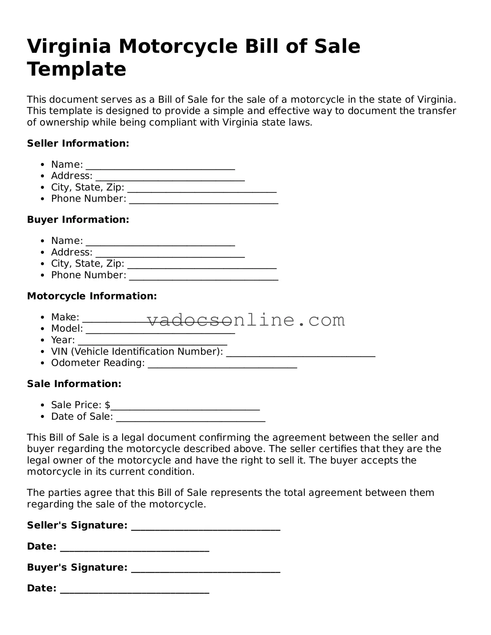 Attorney-Approved Motorcycle Bill of Sale Template for the State of Virginia