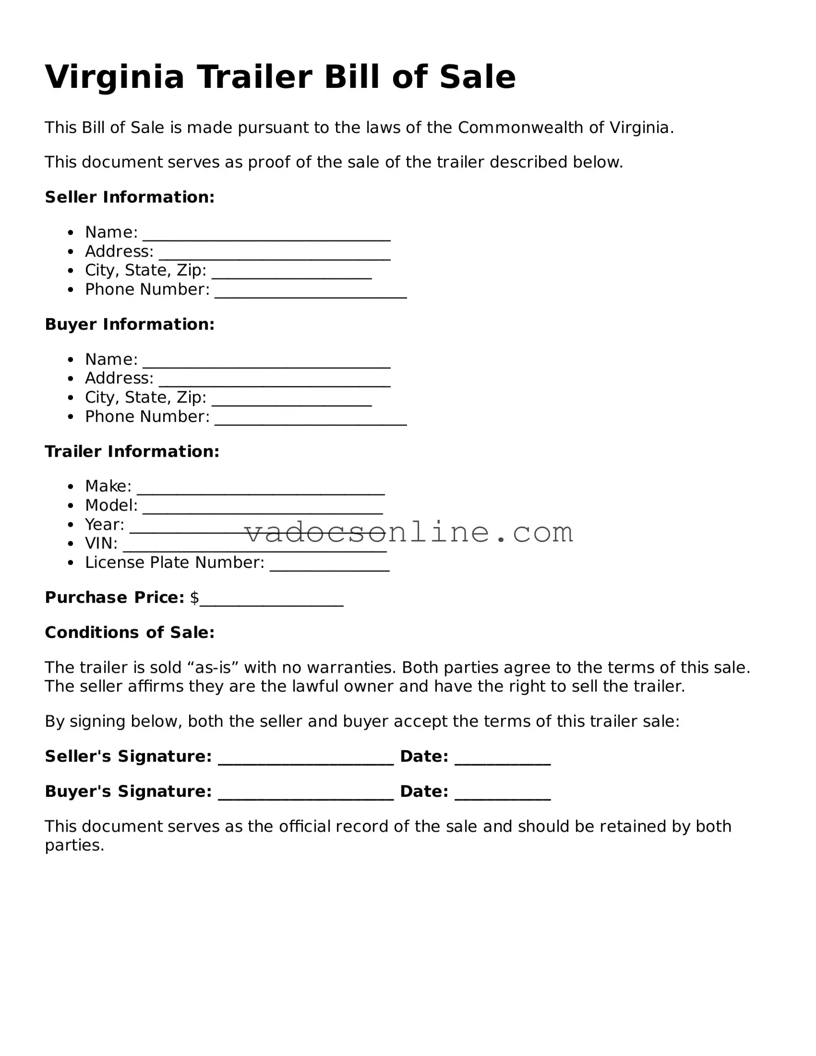 Attorney-Approved Trailer Bill of Sale Template for the State of Virginia