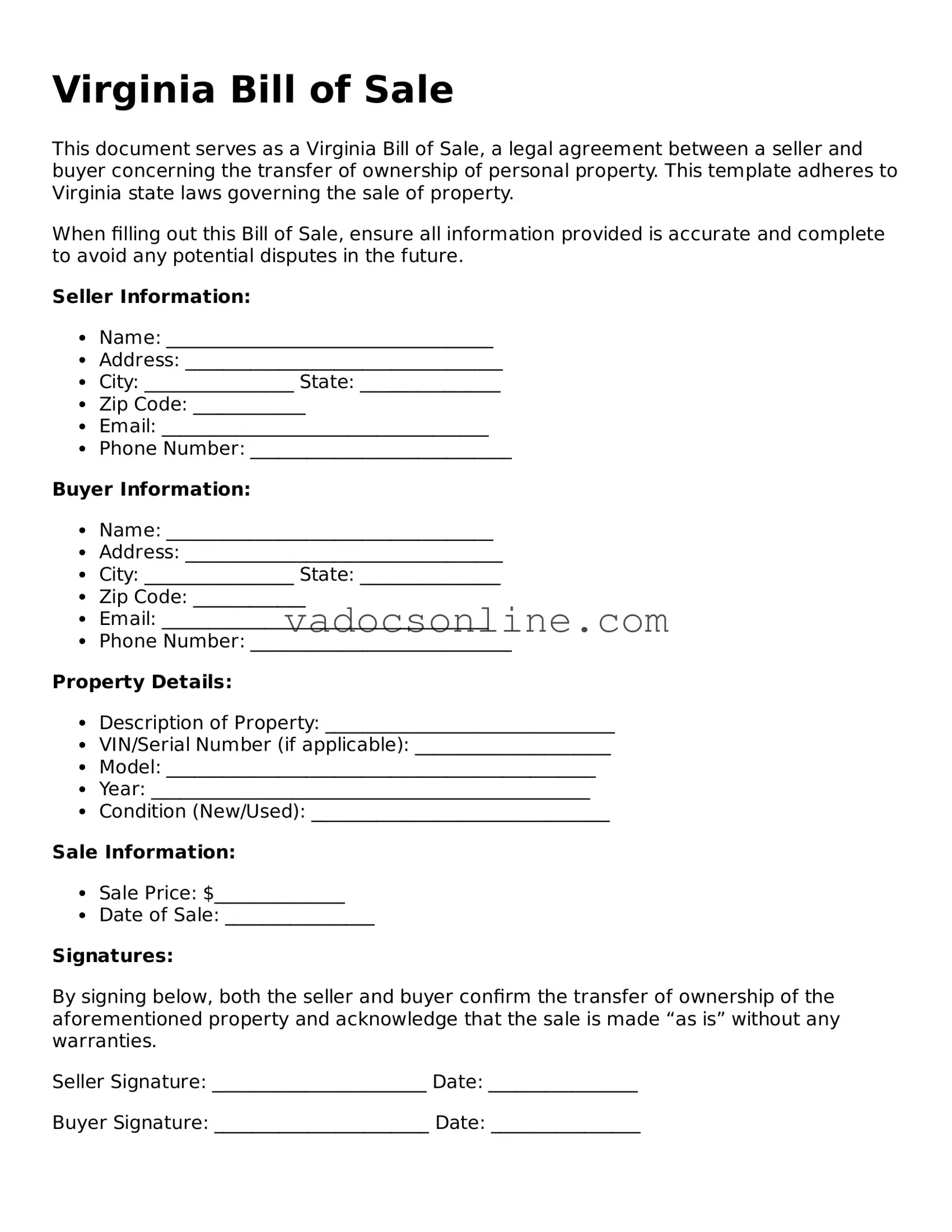 Attorney-Approved Bill of Sale Template for the State of Virginia