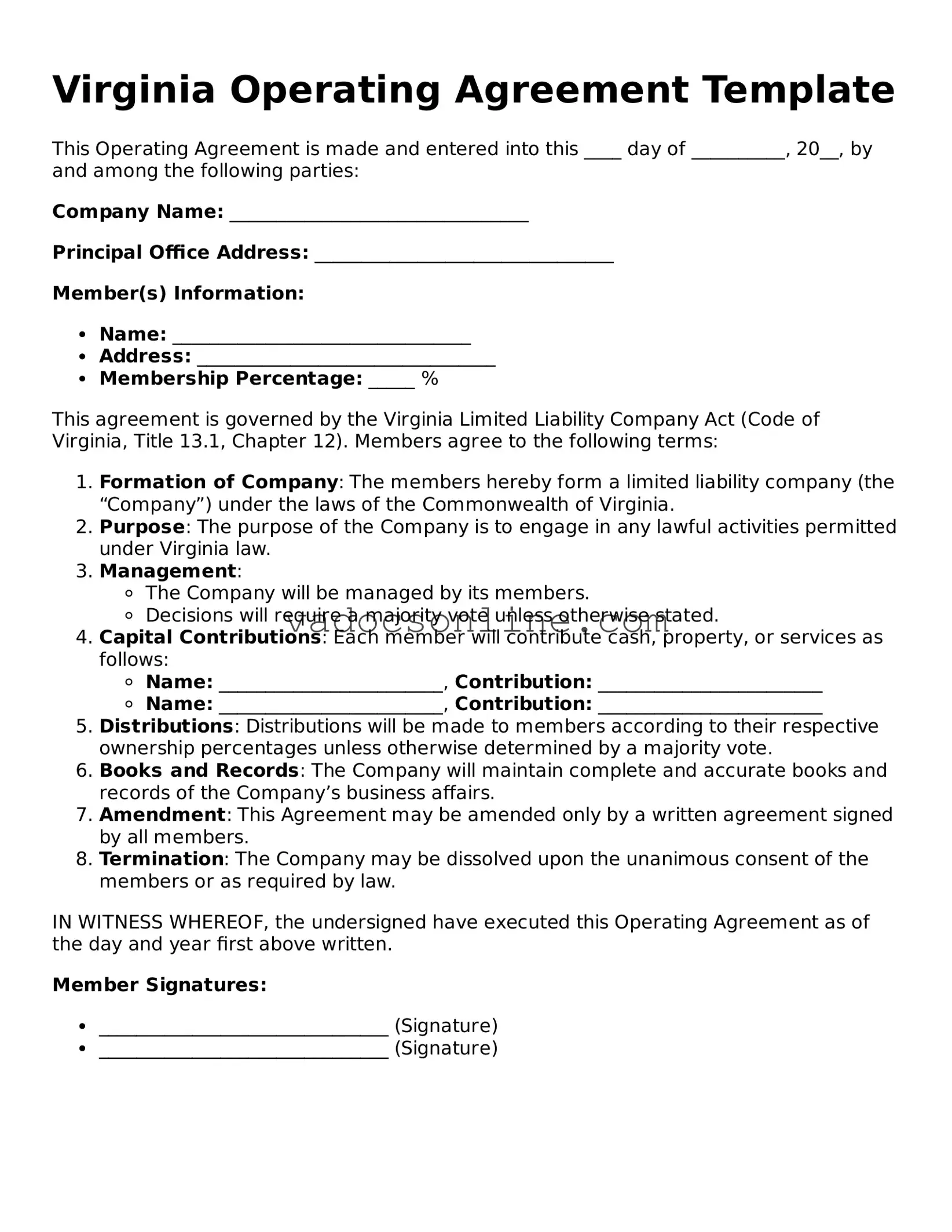 Attorney-Approved Operating Agreement Template for the State of Virginia