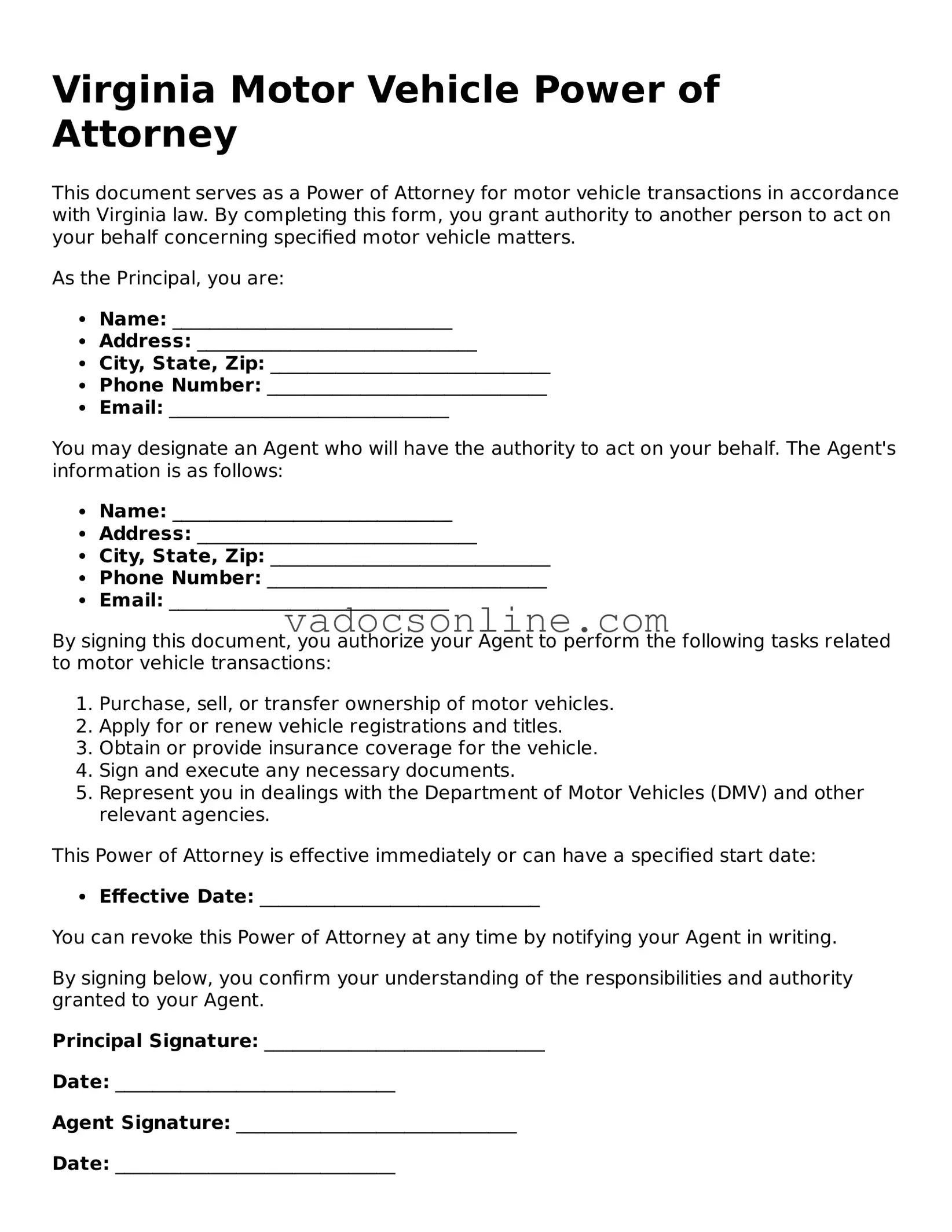 Attorney-Approved Motor Vehicle Power of Attorney Template for the State of Virginia