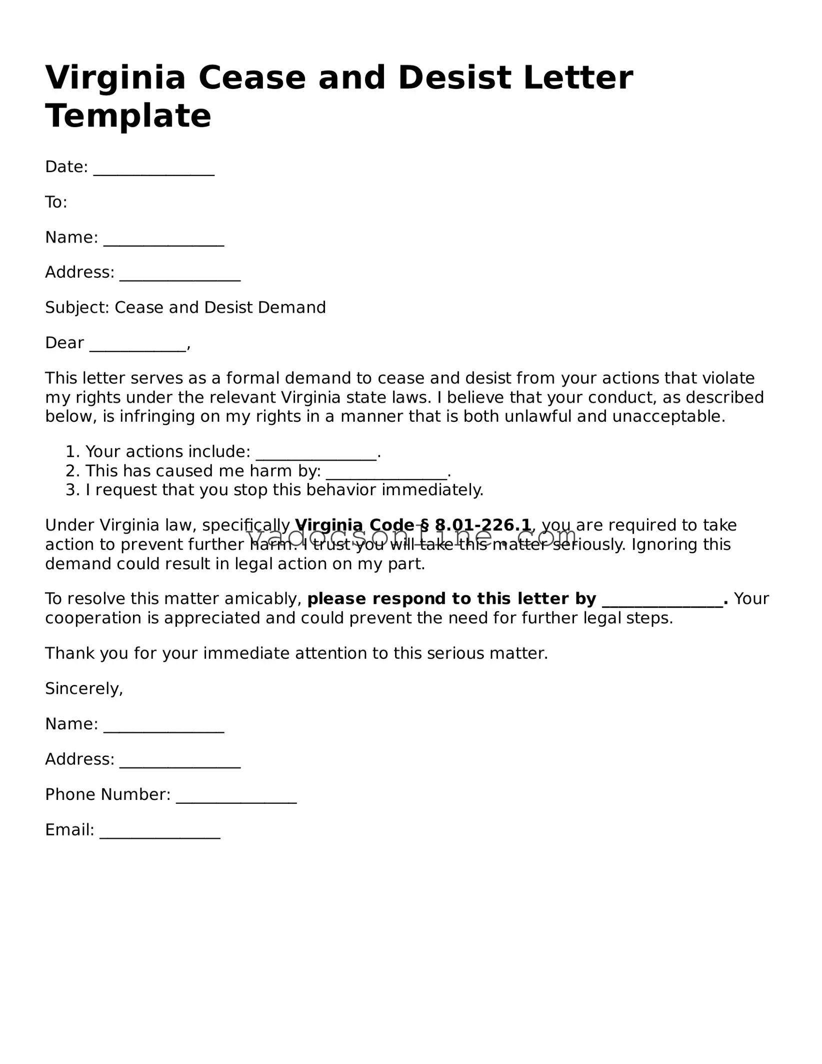 Attorney-Approved Cease and Desist Letter Template for the State of Virginia