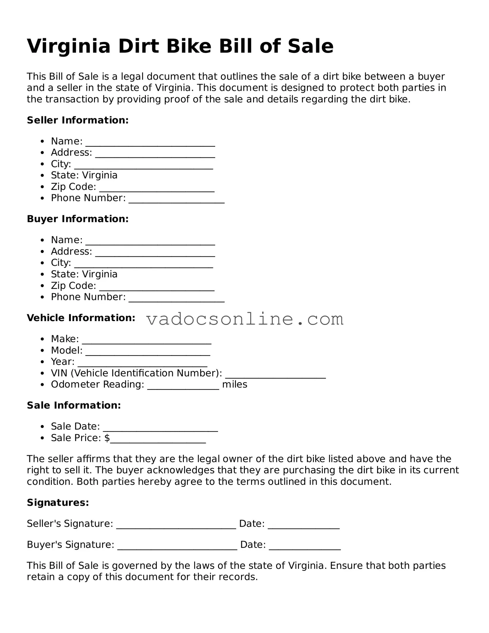 Attorney-Approved Dirt Bike Bill of Sale Template for the State of Virginia