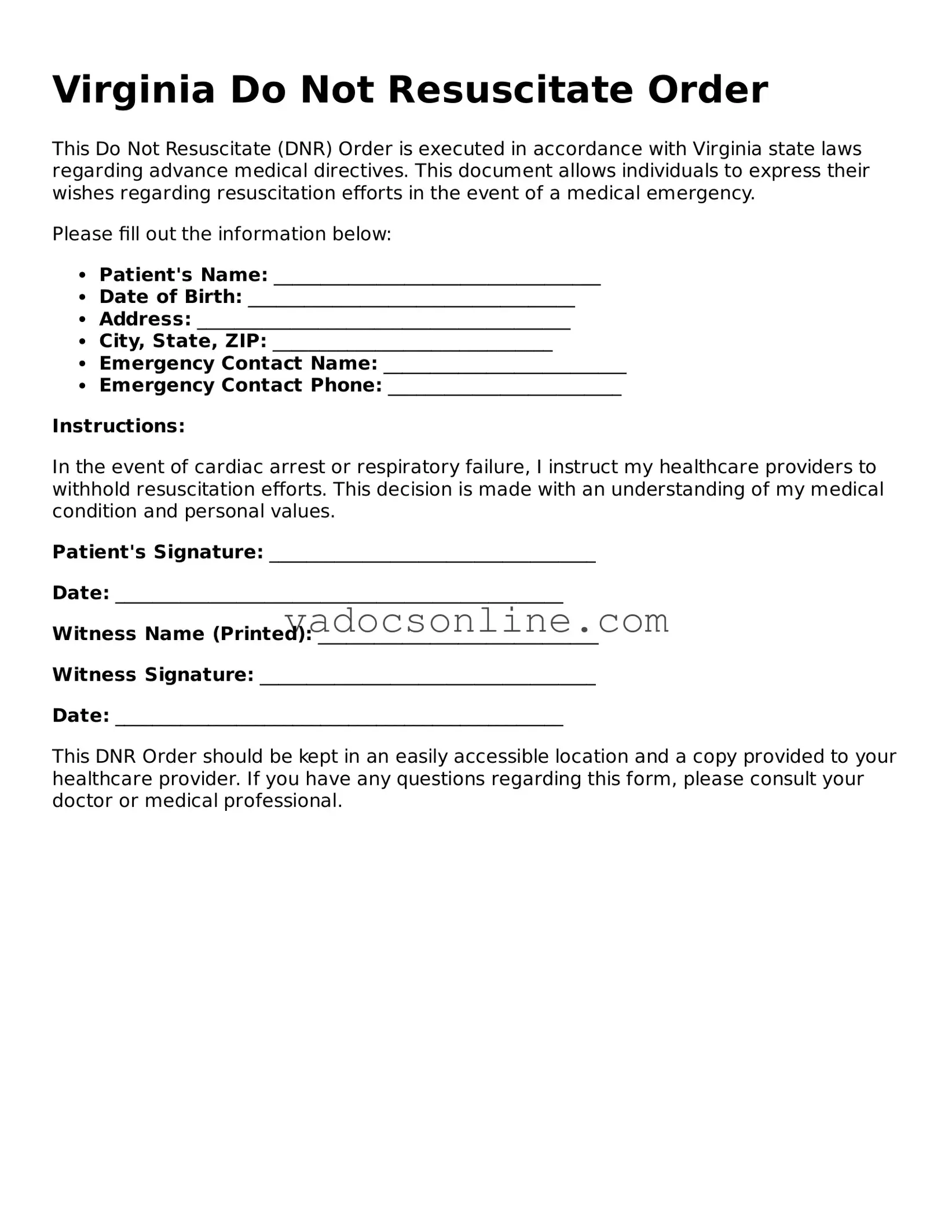 Attorney-Approved Do Not Resuscitate Order Template for the State of Virginia