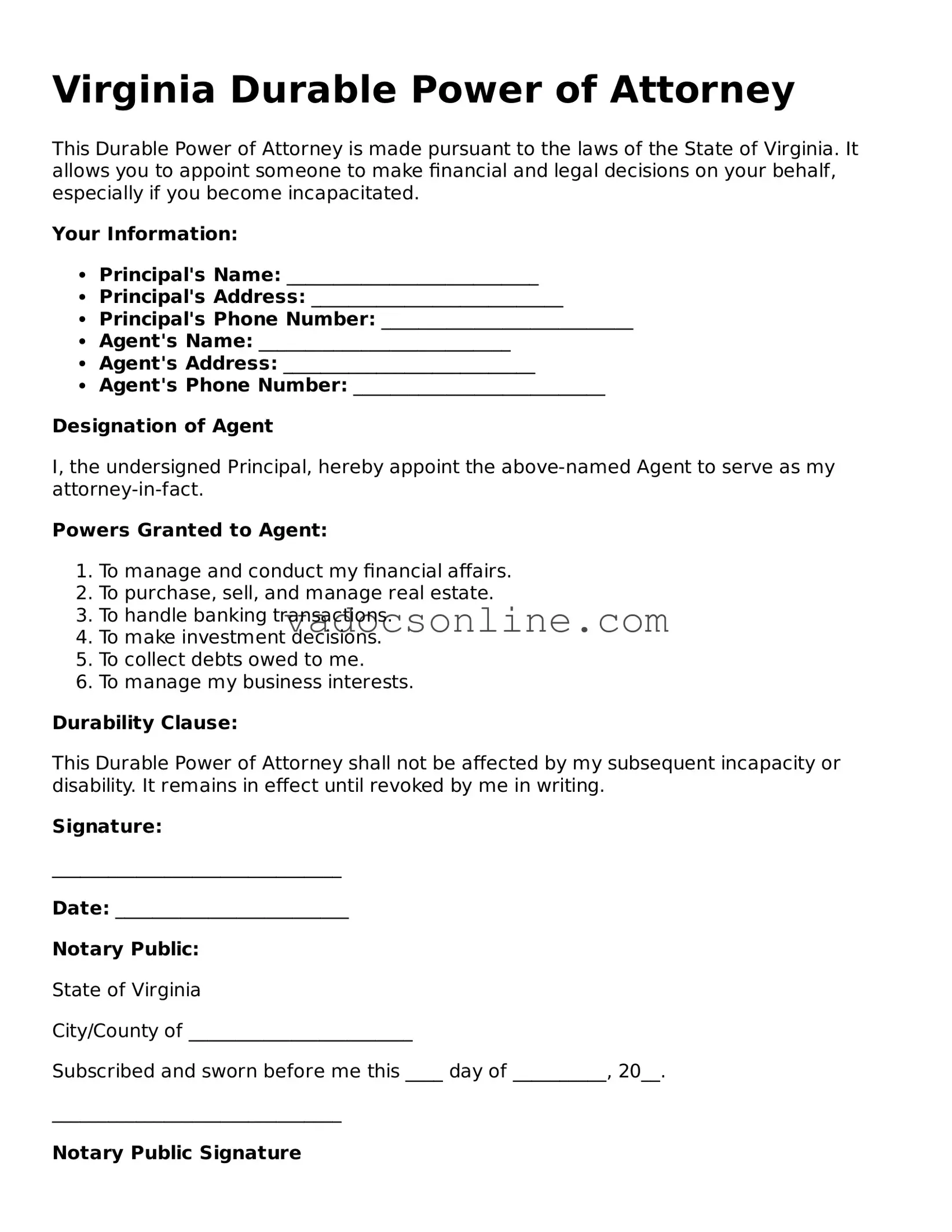 Attorney-Approved Durable Power of Attorney Template for the State of Virginia