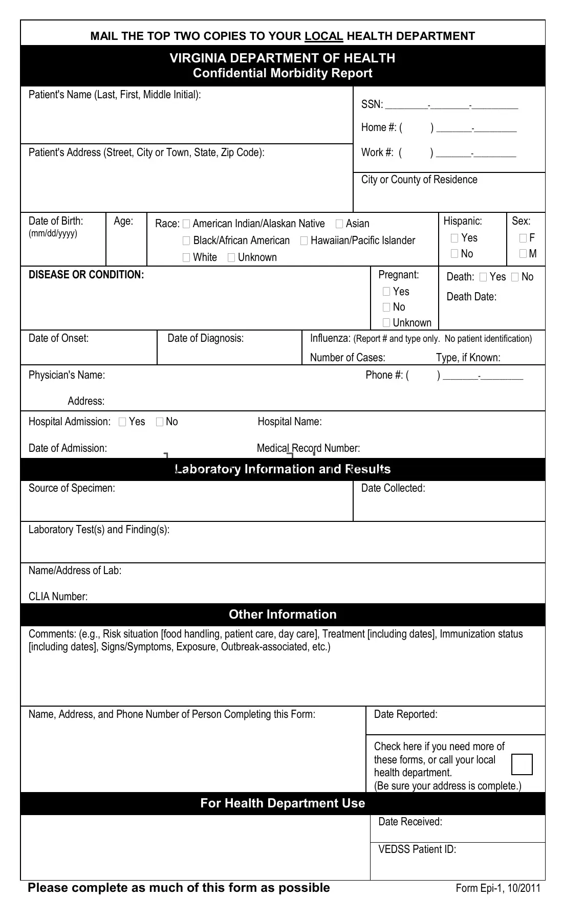 Virginia Epi 1 PDF Form