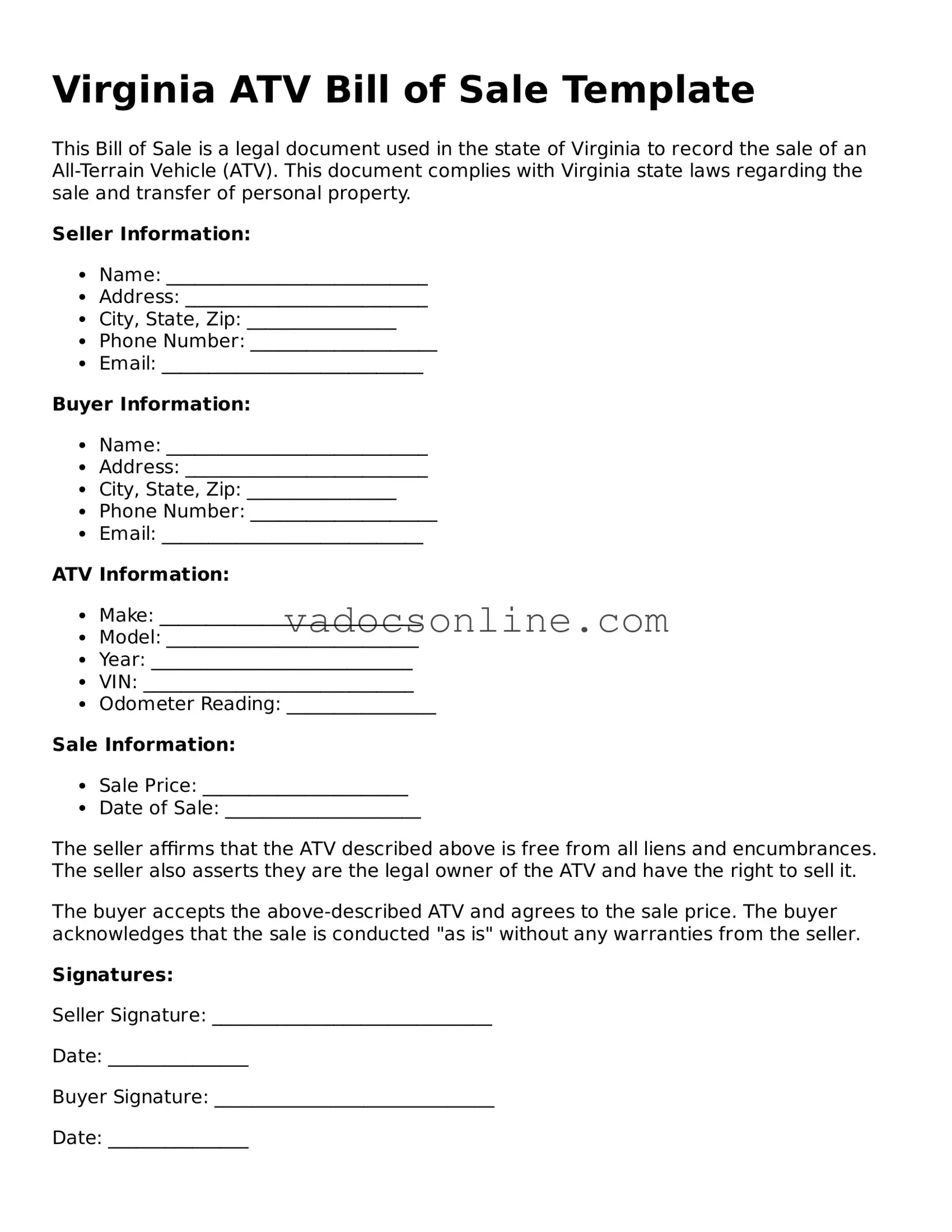 Attorney-Approved ATV Bill of Sale Template for the State of Virginia