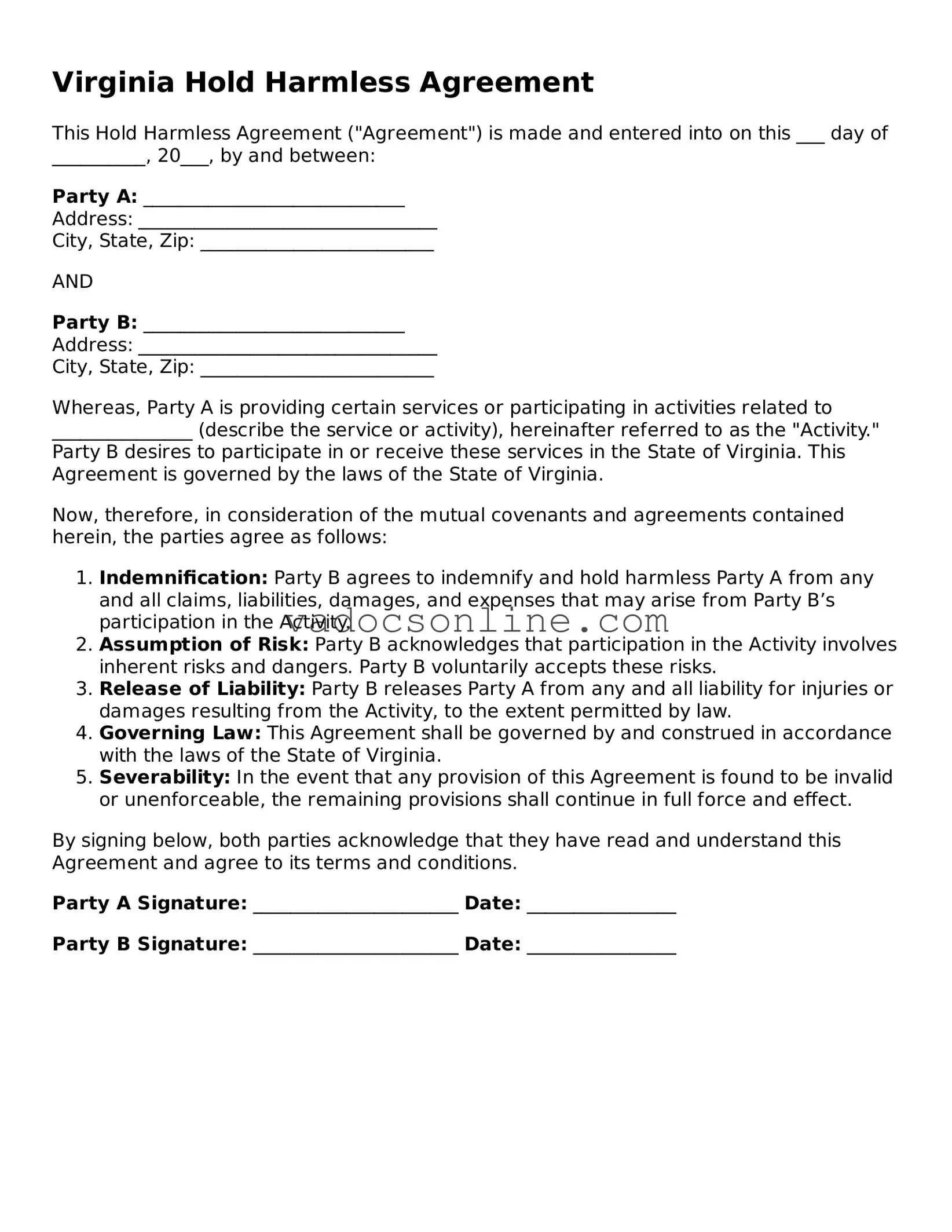 Attorney-Approved Hold Harmless Agreement Template for the State of Virginia