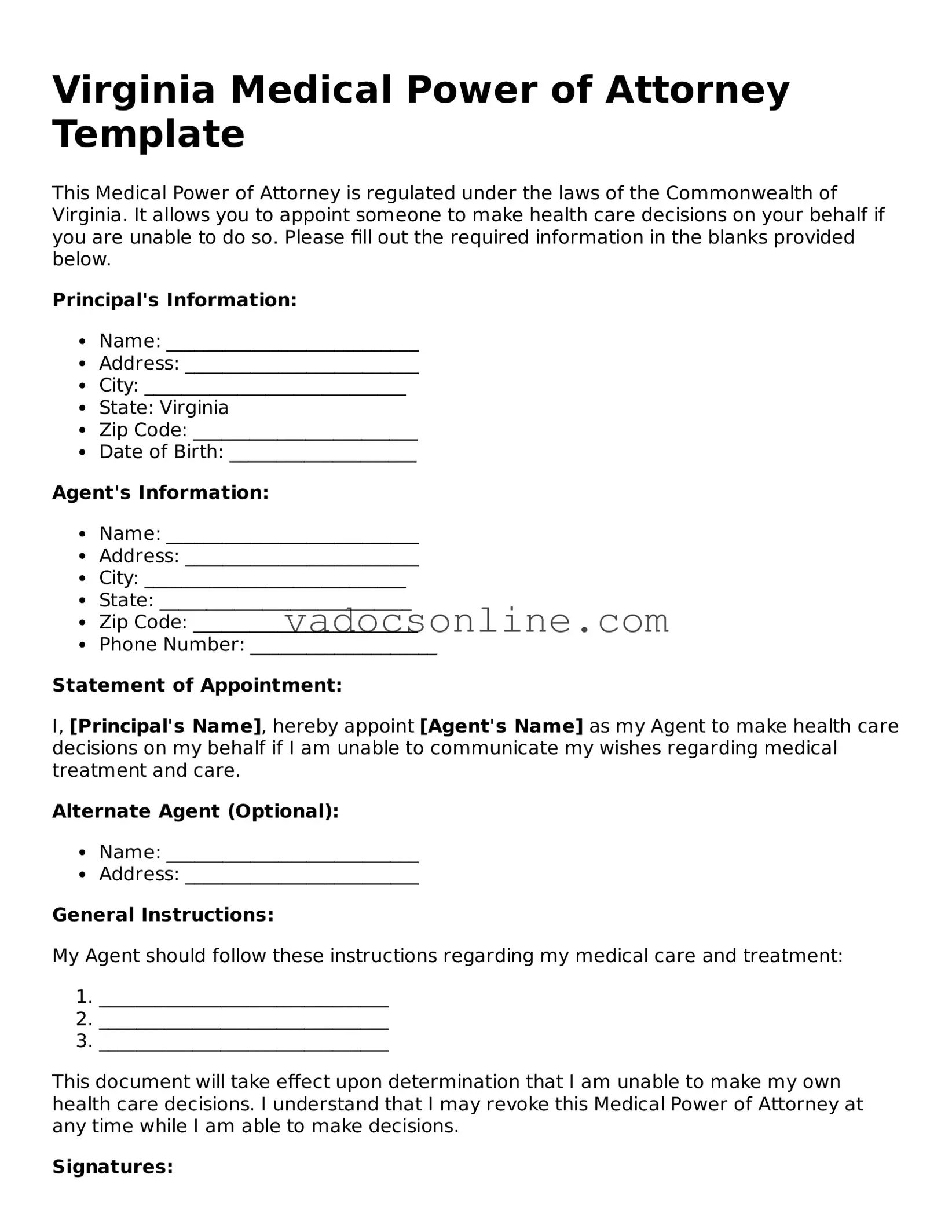 Attorney-Approved Medical Power of Attorney Template for the State of Virginia