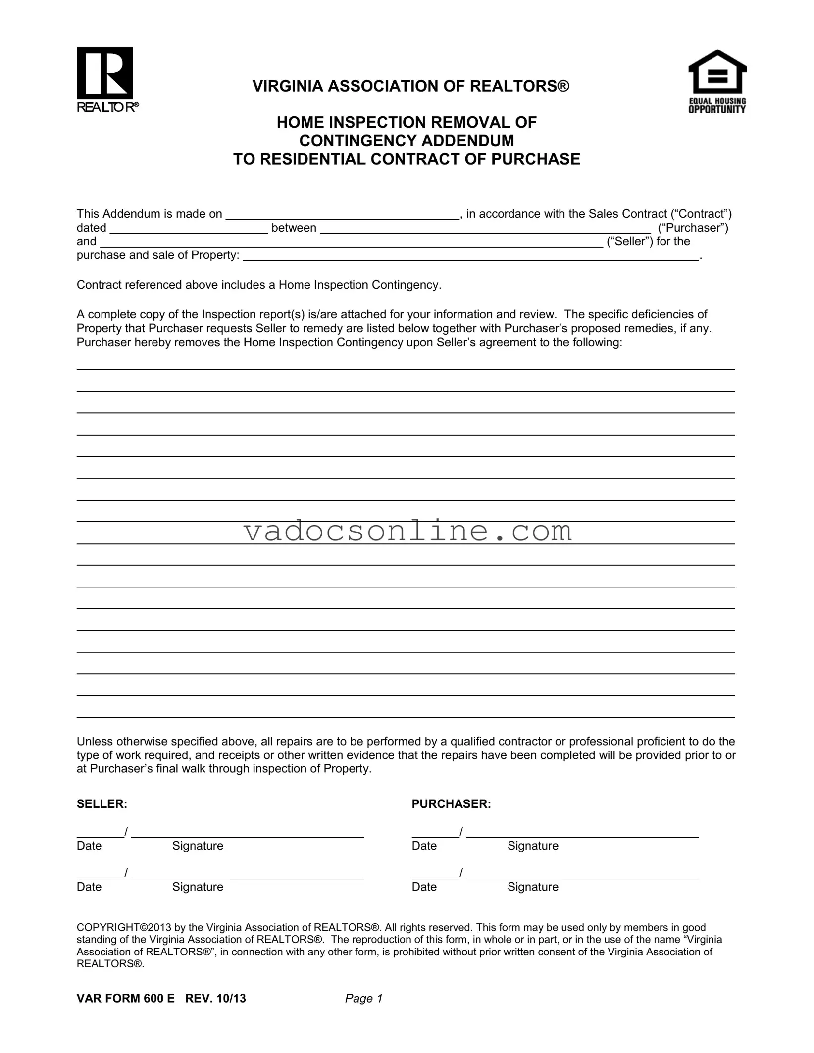 Virginia Home Inspection Addendum PDF Form