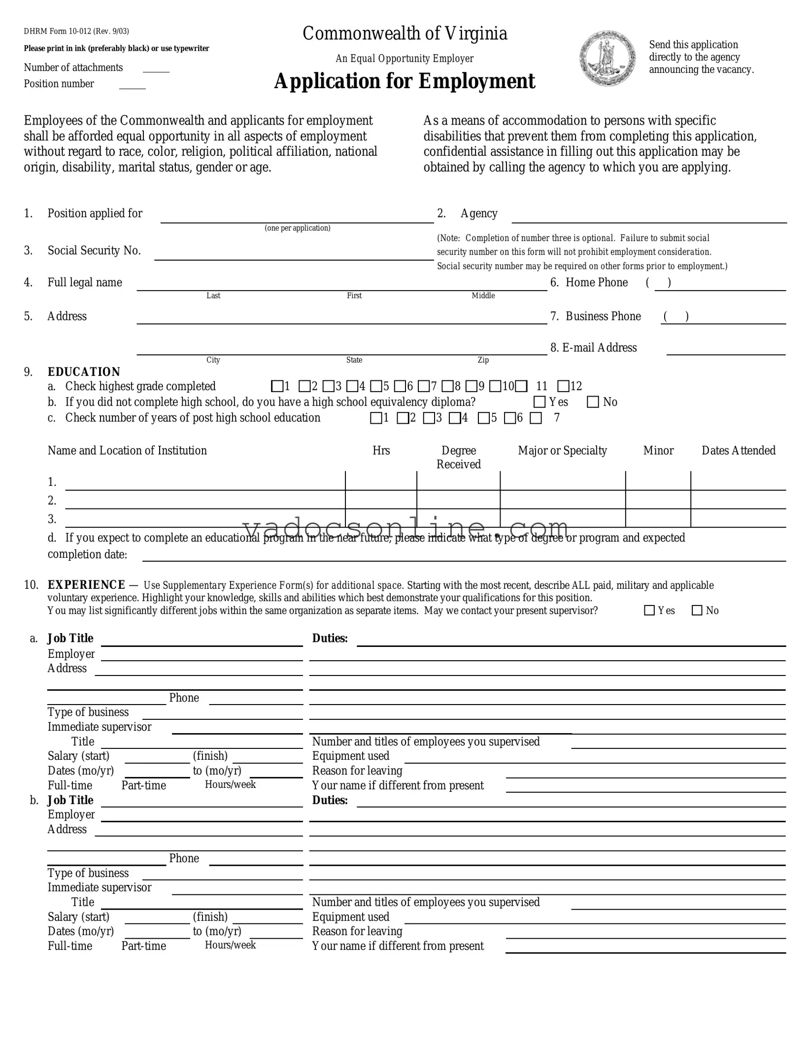 Virginia Job Application PDF Form