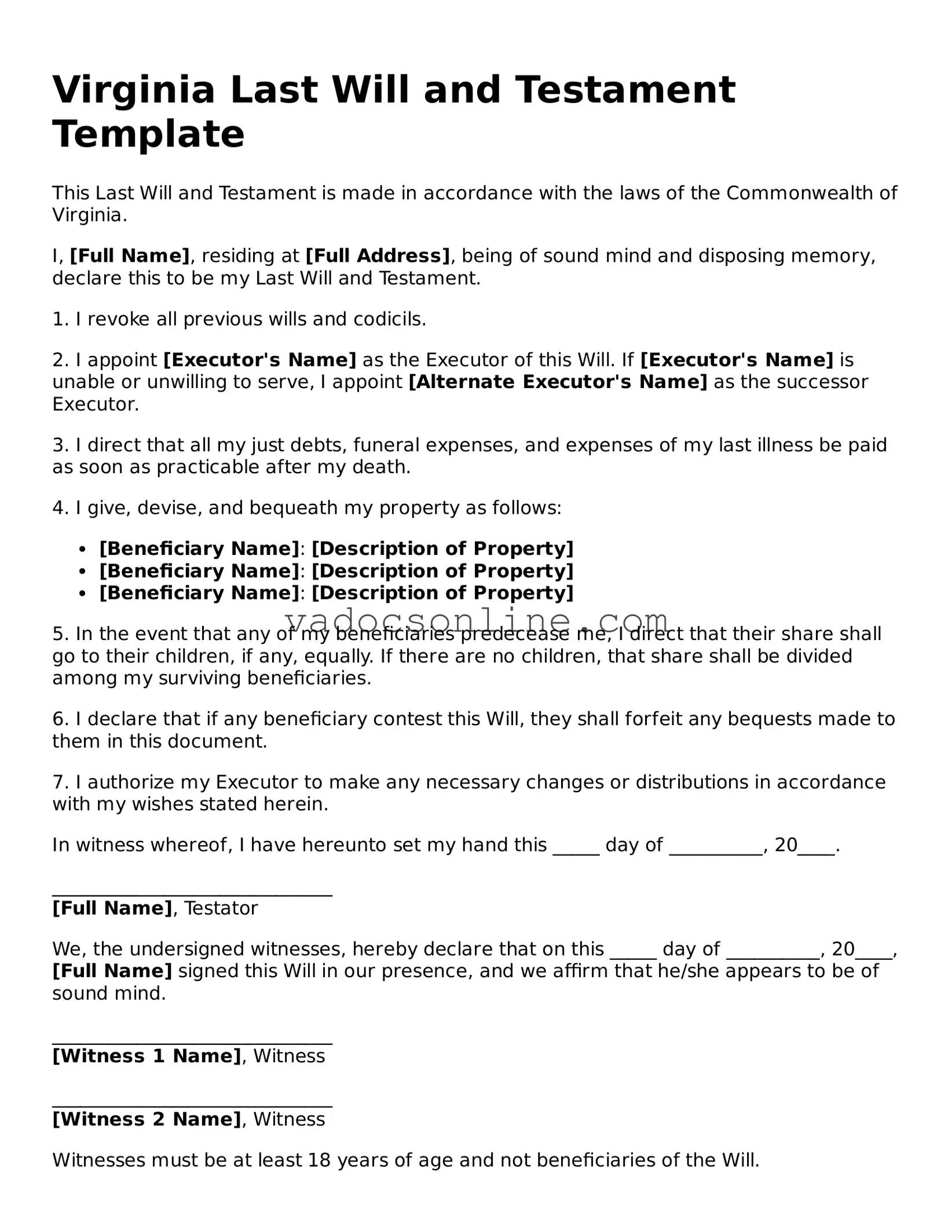 Attorney-Approved Last Will and Testament Template for the State of Virginia