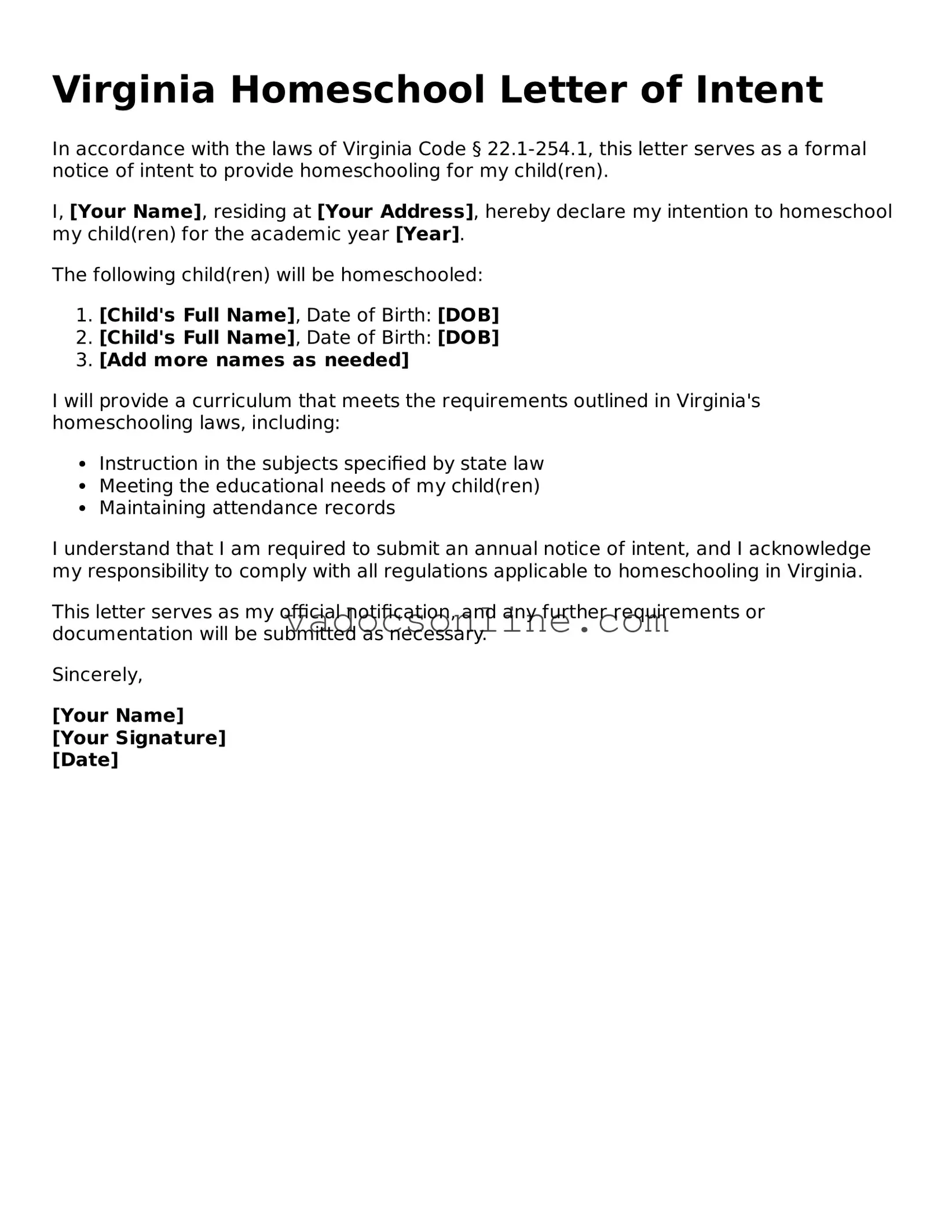 Attorney-Approved Homeschool Letter of Intent Template for the State of Virginia