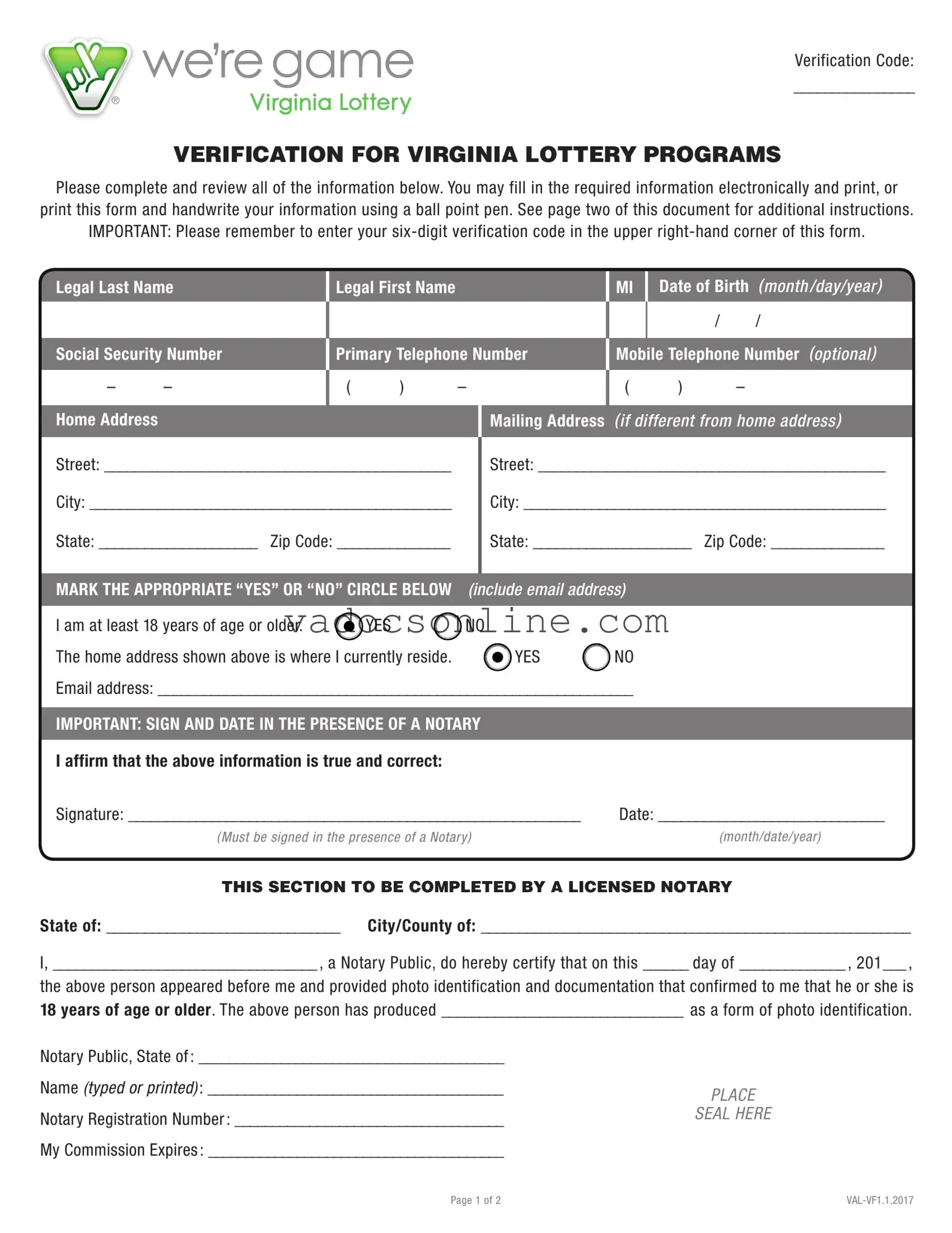 Virginia Lottery PDF Form