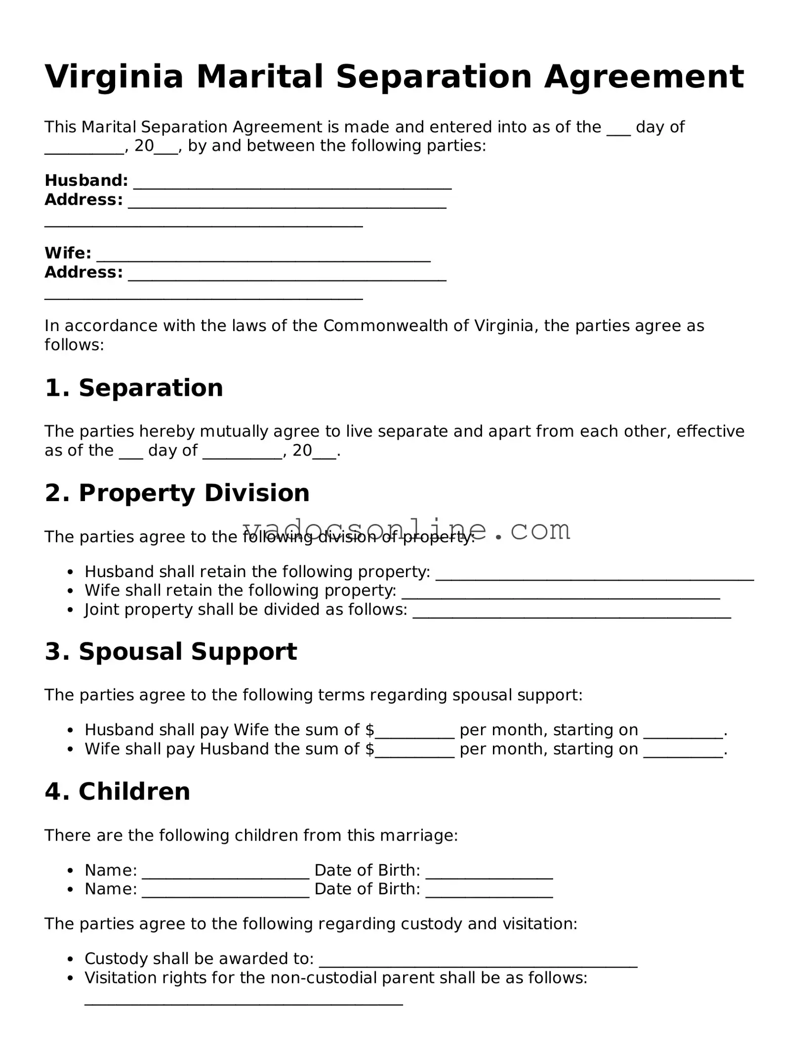 Attorney-Approved Marital Separation Agreement Template for the State of Virginia