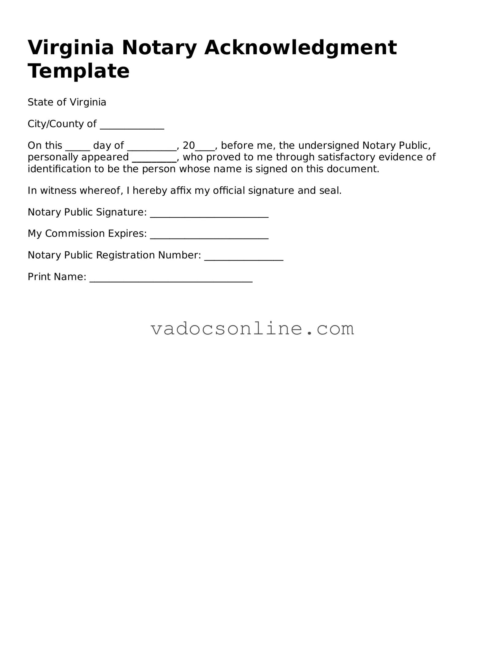 Attorney-Approved Notary Acknowledgement Template for the State of Virginia