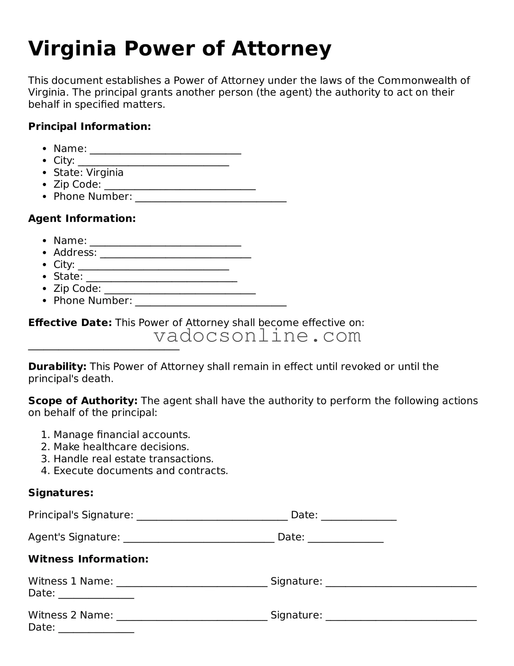 Attorney-Approved Power of Attorney Template for the State of Virginia
