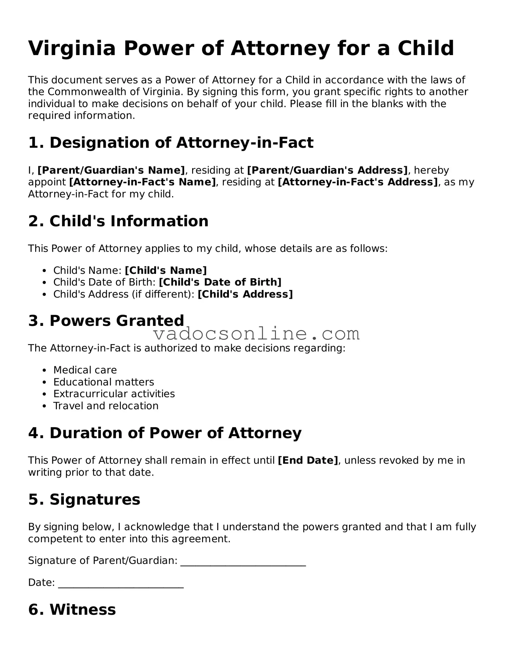 Attorney-Approved Power of Attorney for a Child Template for the State of Virginia