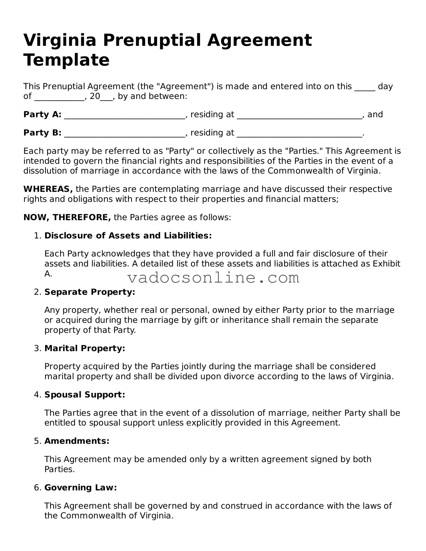 Attorney-Approved Prenuptial Agreement Template for the State of Virginia