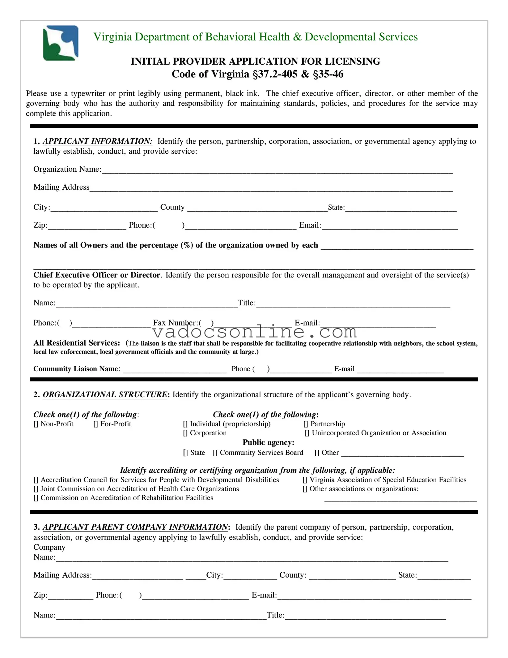 Virginia Provider Application PDF Form