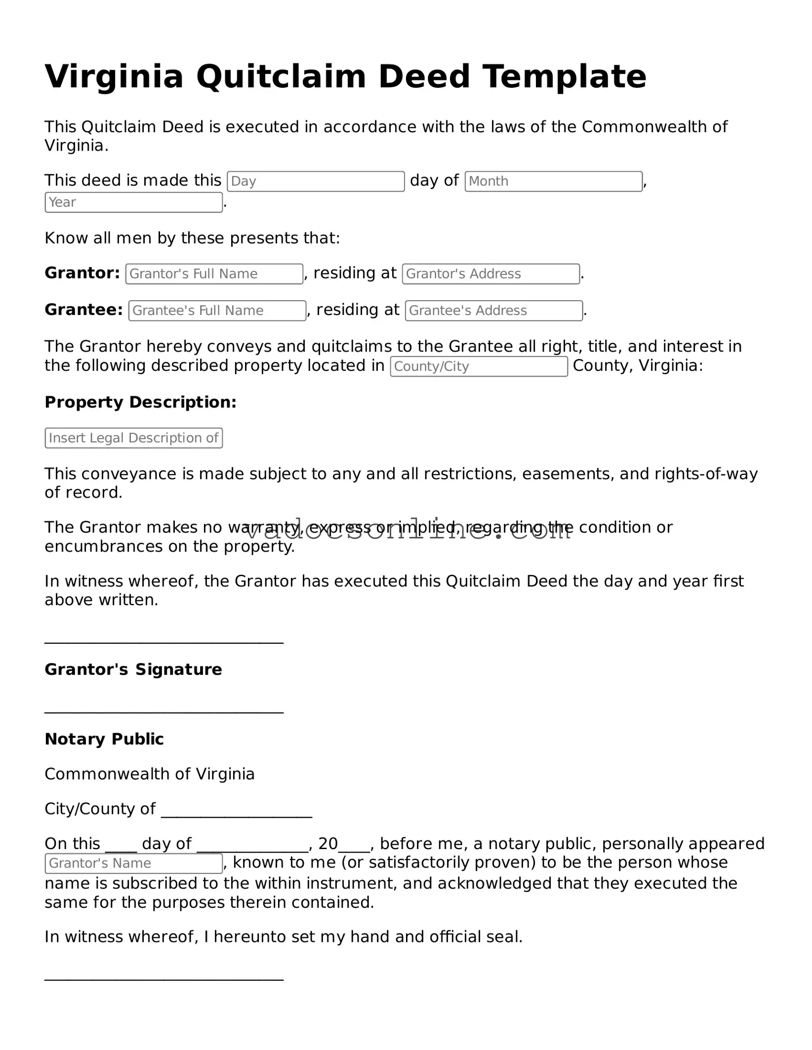 Attorney-Approved Quitclaim Deed Template for the State of Virginia