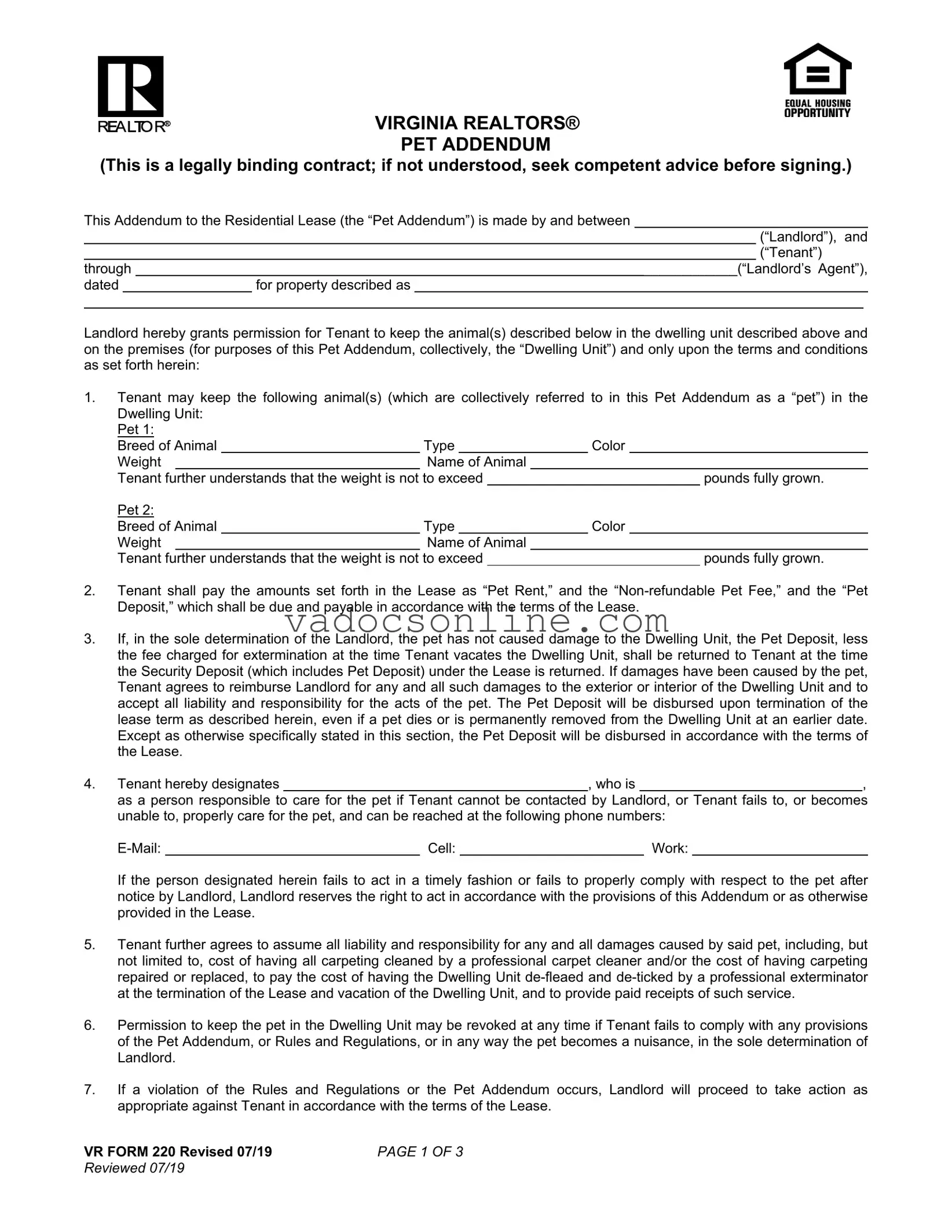 Virginia Realtors Pet Addendum PDF Form
