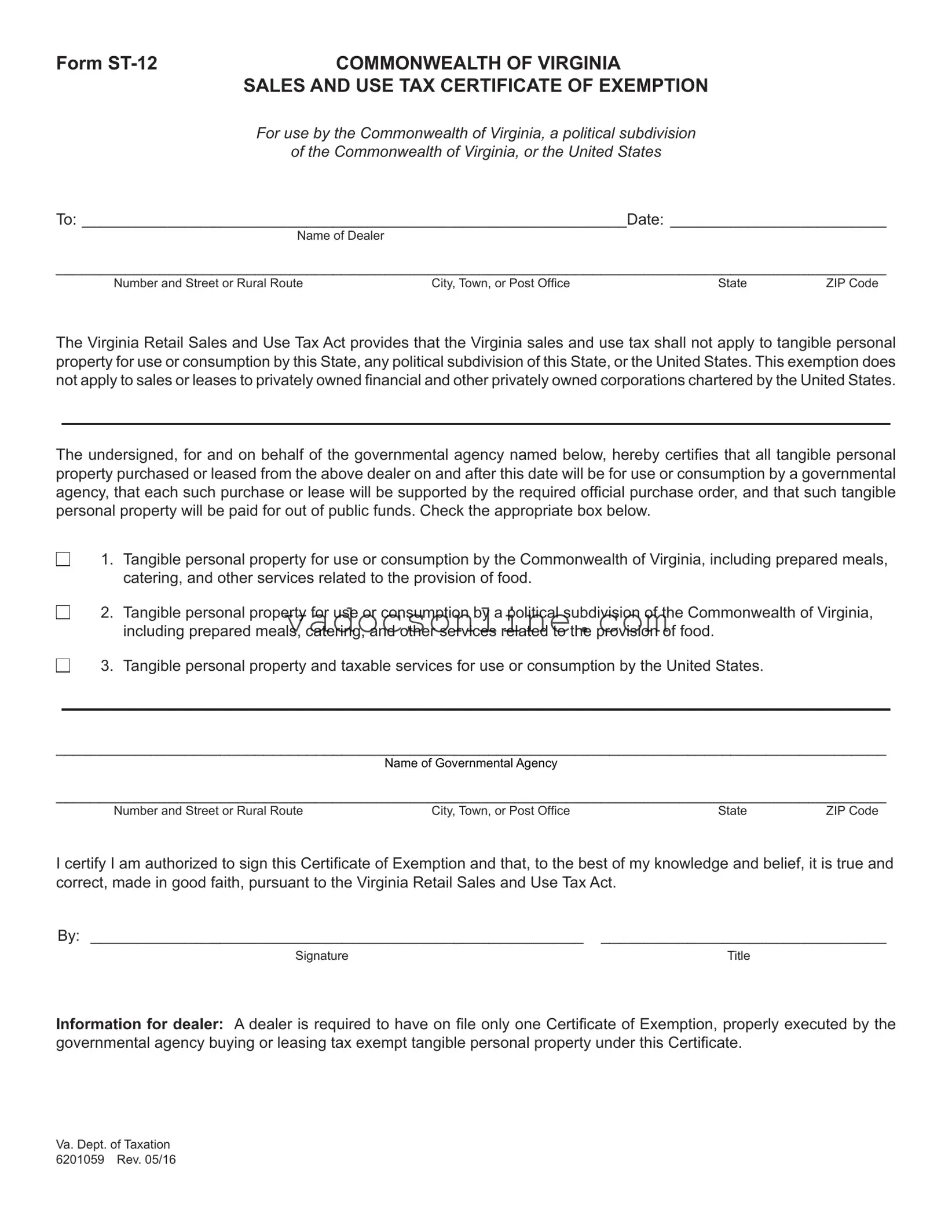 Virginia Sales Tax Exemption PDF Form