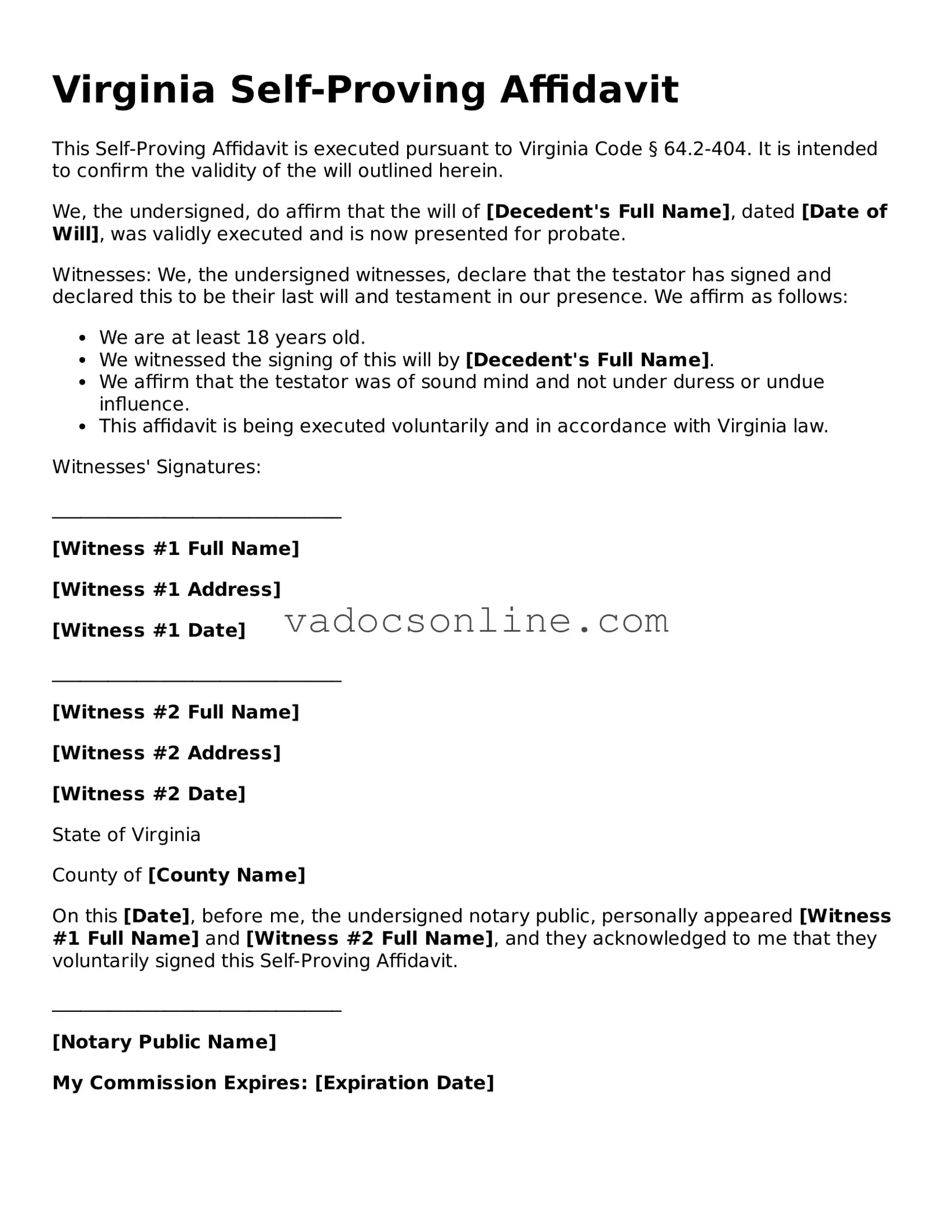 Attorney-Approved Self-Proving Affidavit Template for the State of Virginia