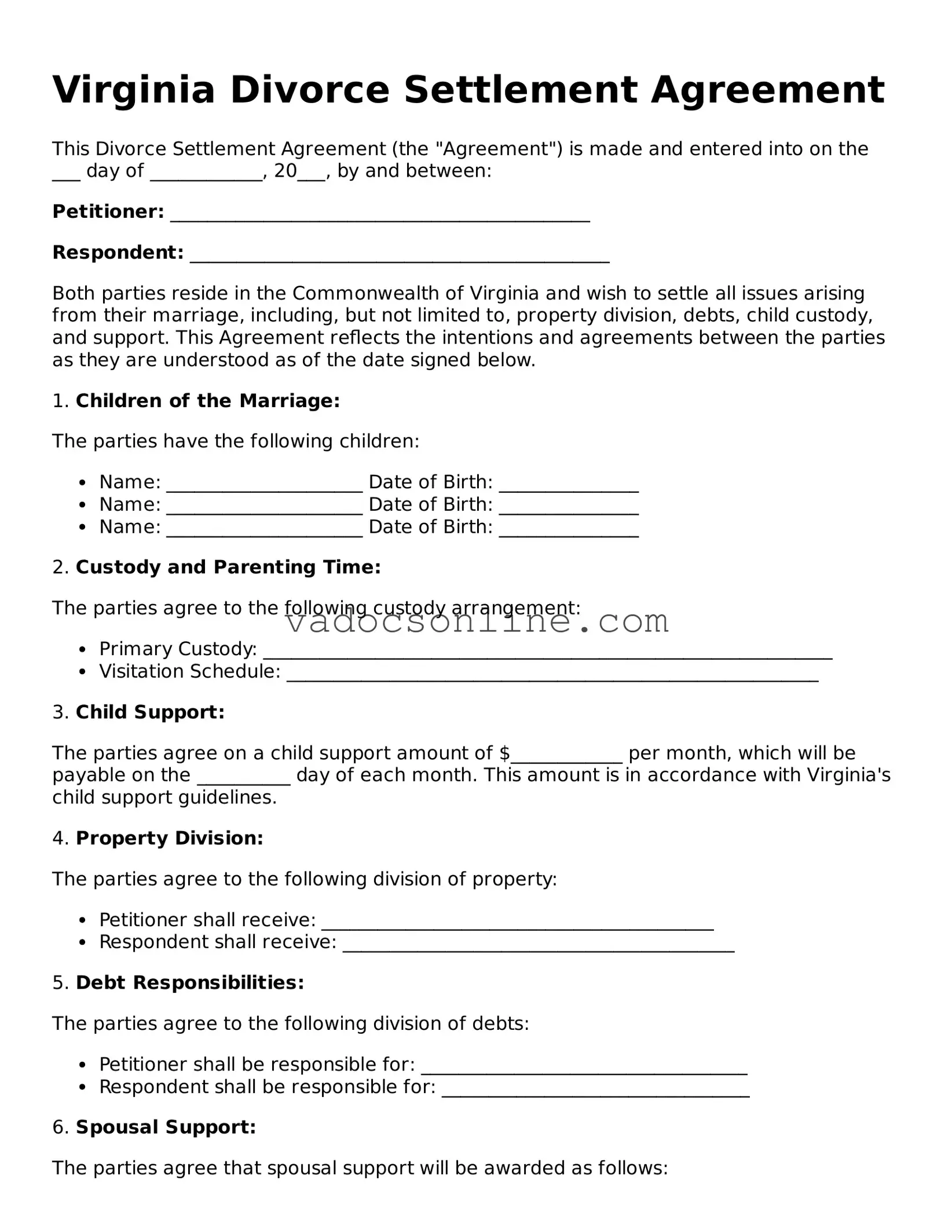 Attorney-Approved Divorce Settlement Agreement Template for the State of Virginia
