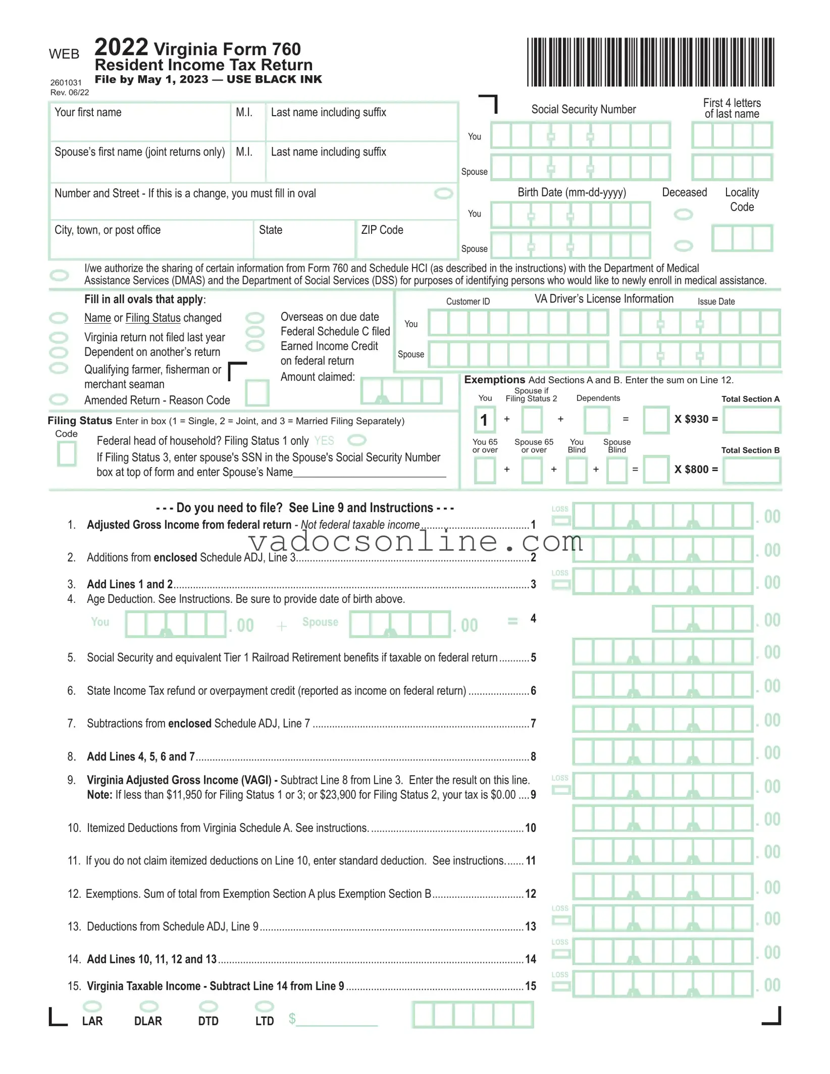 Virginia State Tax Return 760 PDF Form