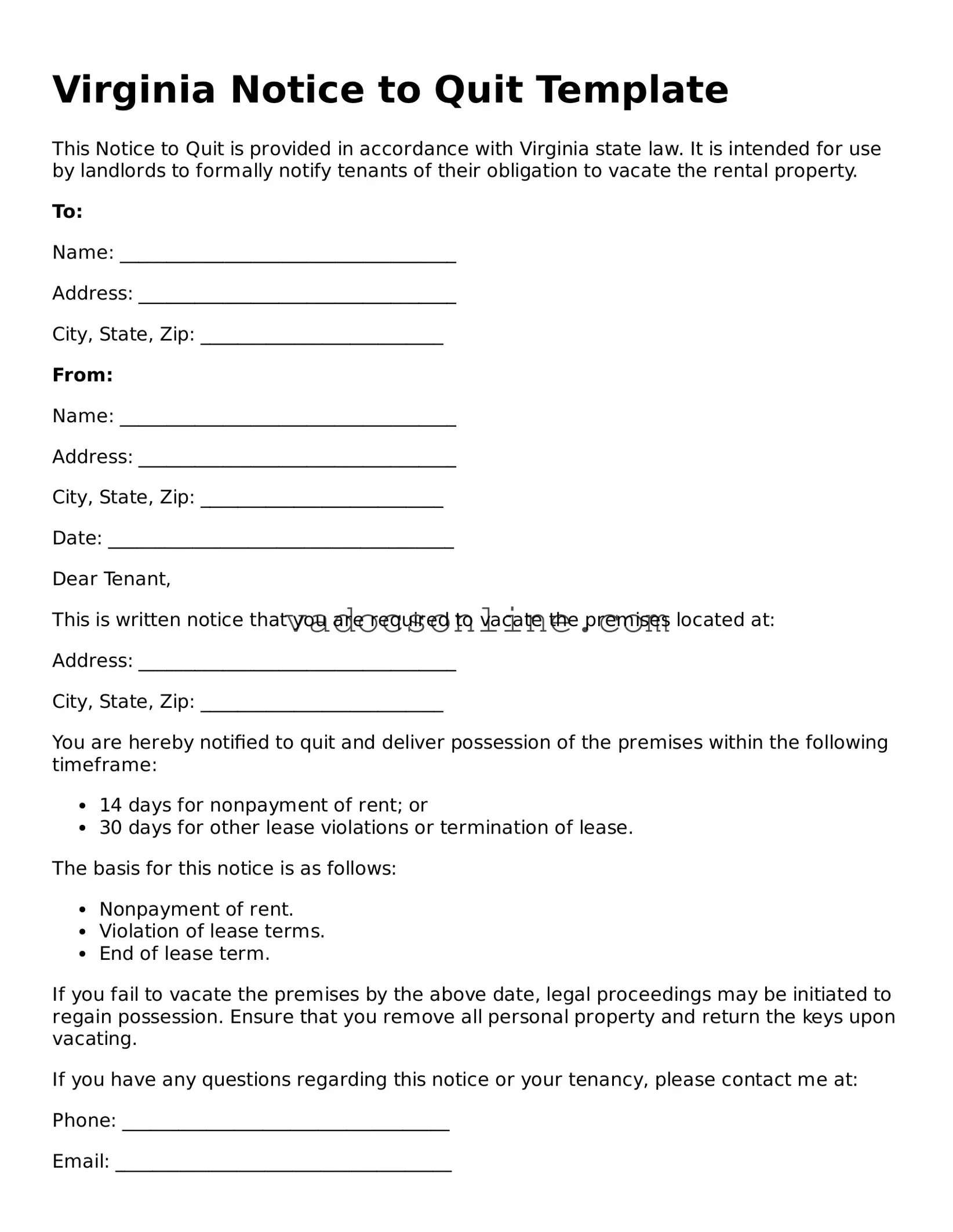 Attorney-Approved Notice to Quit Template for the State of Virginia