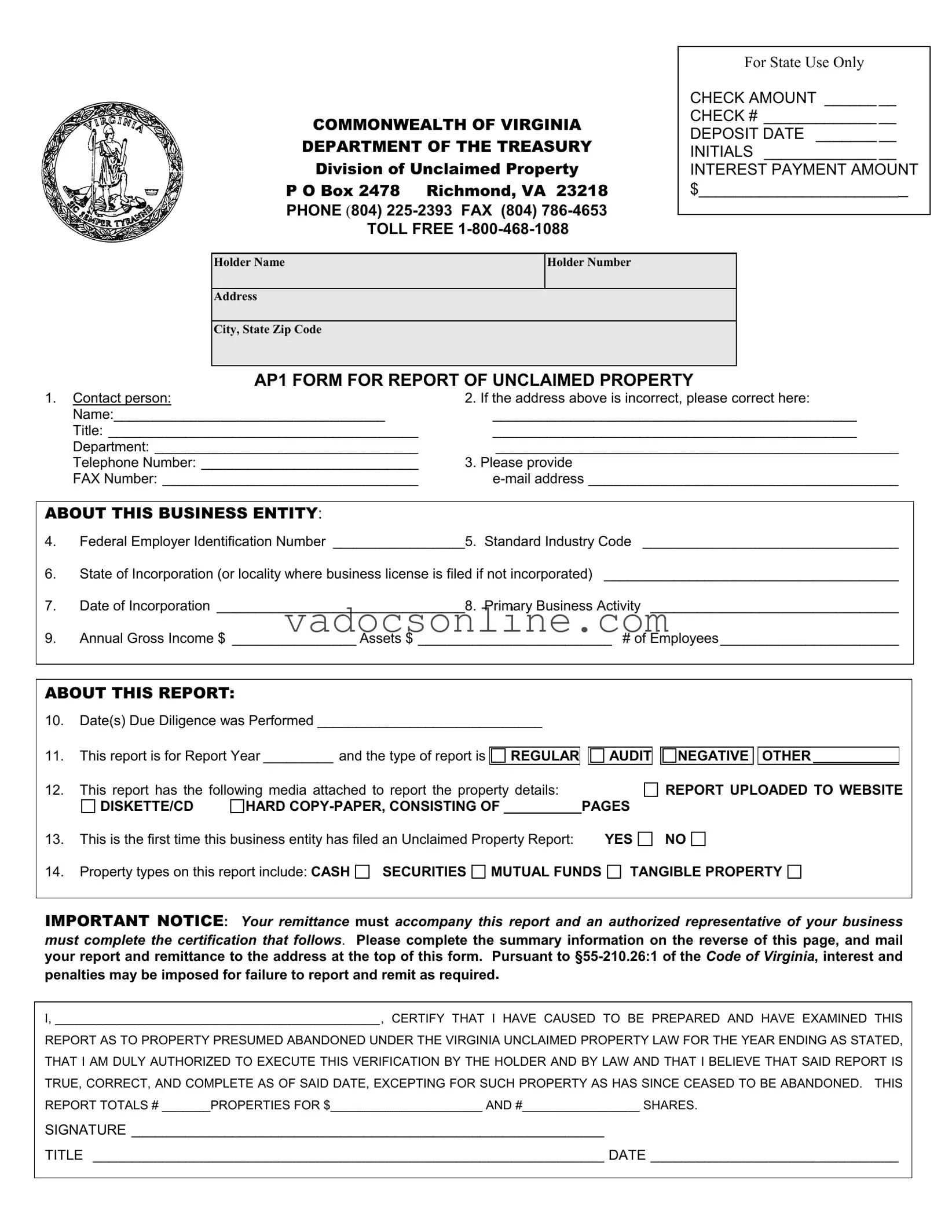 Virginia Unclaimed Property PDF Form